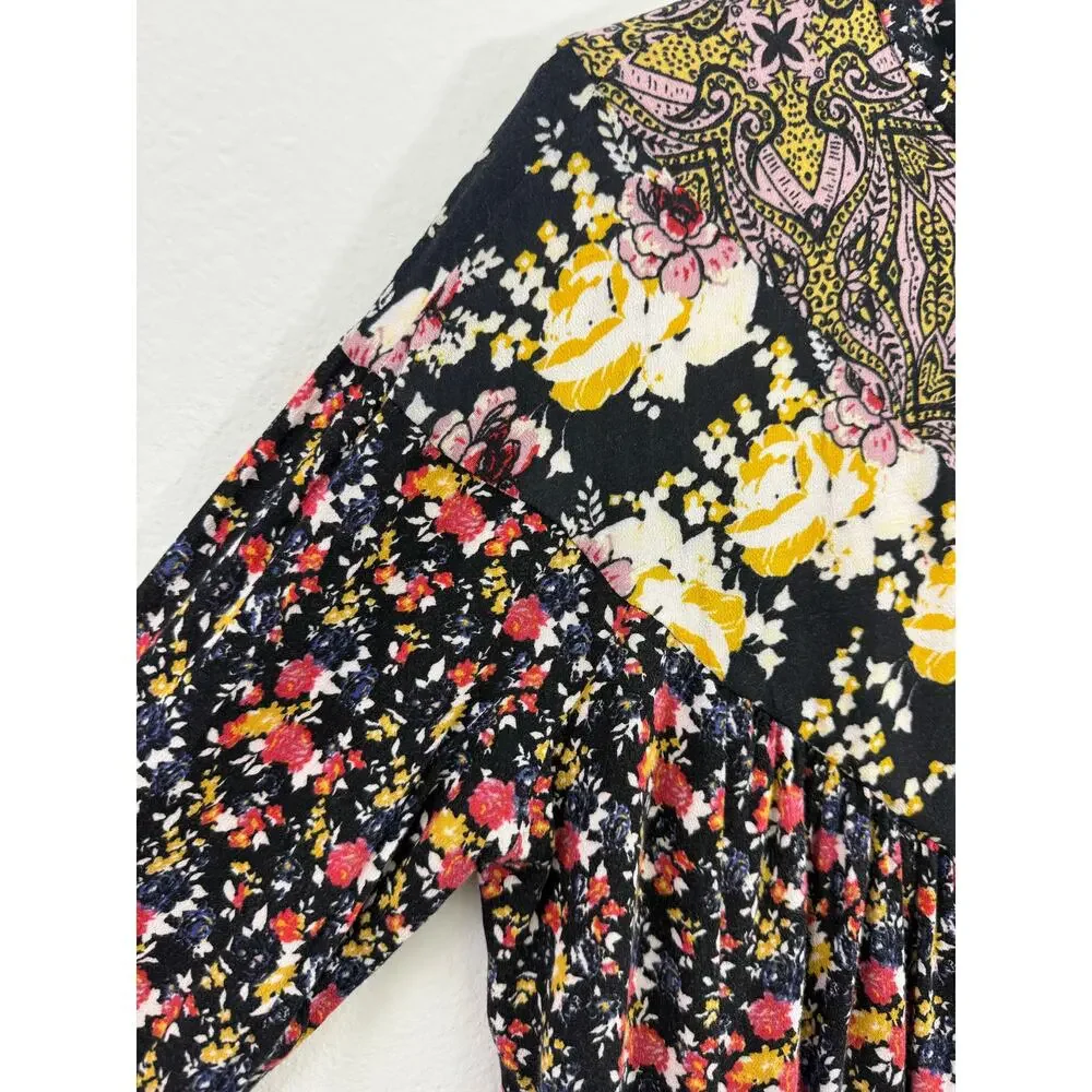 Free People Wildflower Fields Floral Tunic Blouse Boho Button Henley Top Sz L